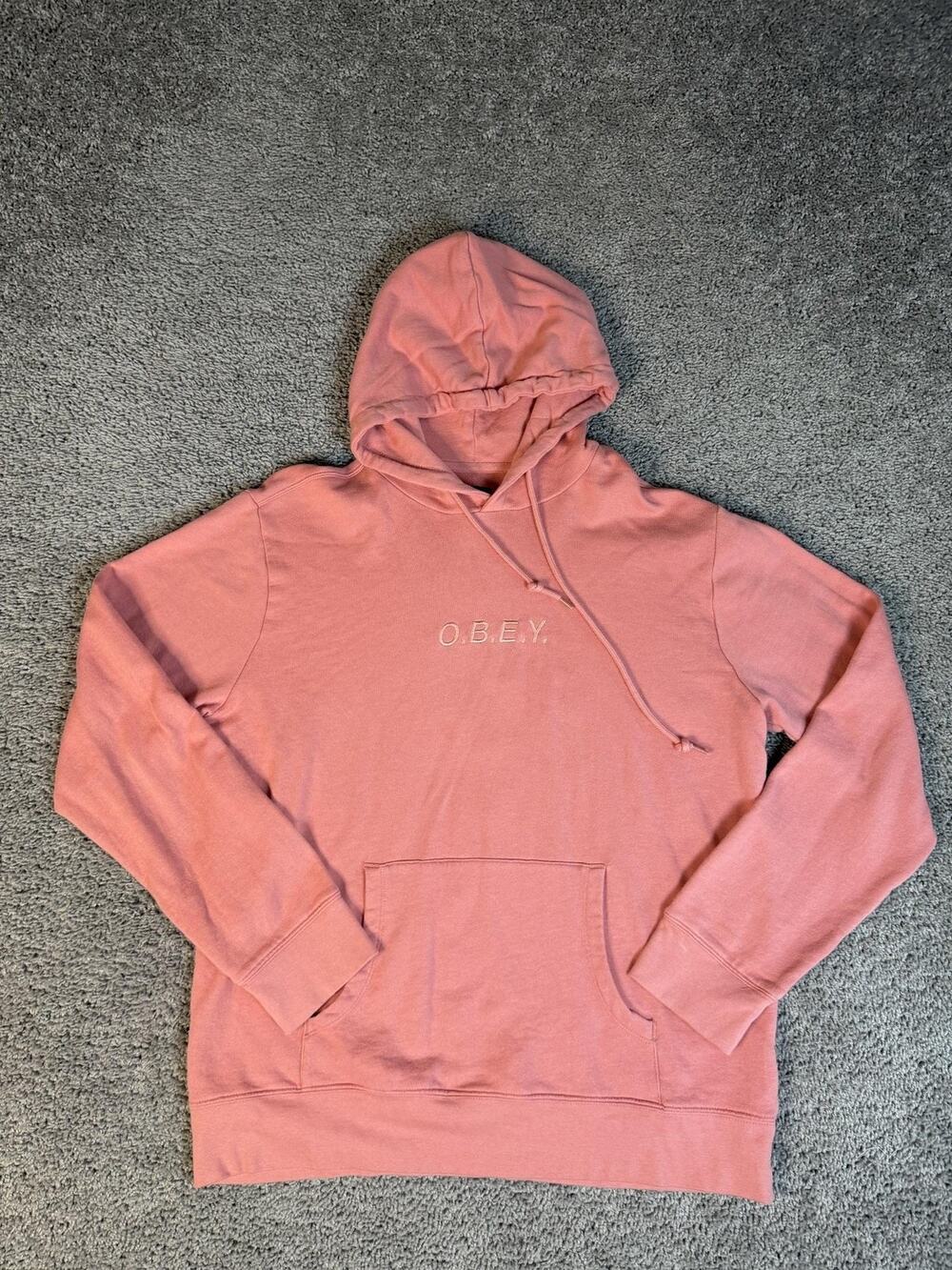 OBEY Hoodie Mens L Pink Pullover Hooded Pockets Embroidered Logo Fleece Lined